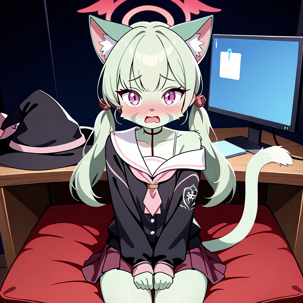 L1l1th_Ca1a4,1girl,solo,furry,furry female,cat girl,long hair,green hair,cat ears,purple eyes,snout,animal nose,body fur,two-tone fur,green fur,white fur,cat tail,
koharu (blue archive), black hat, black shirt,, blush, embarrassed, halo, hat,  long sleeves, looking at viewer, miniskirt, monitor, no lineart, nose blush, open mouth, pleated skirt, sailor collar, school uniform, serafuku, shirt, sitting, skirt, twintails, wavy mouth, white sailor collar, witch hat