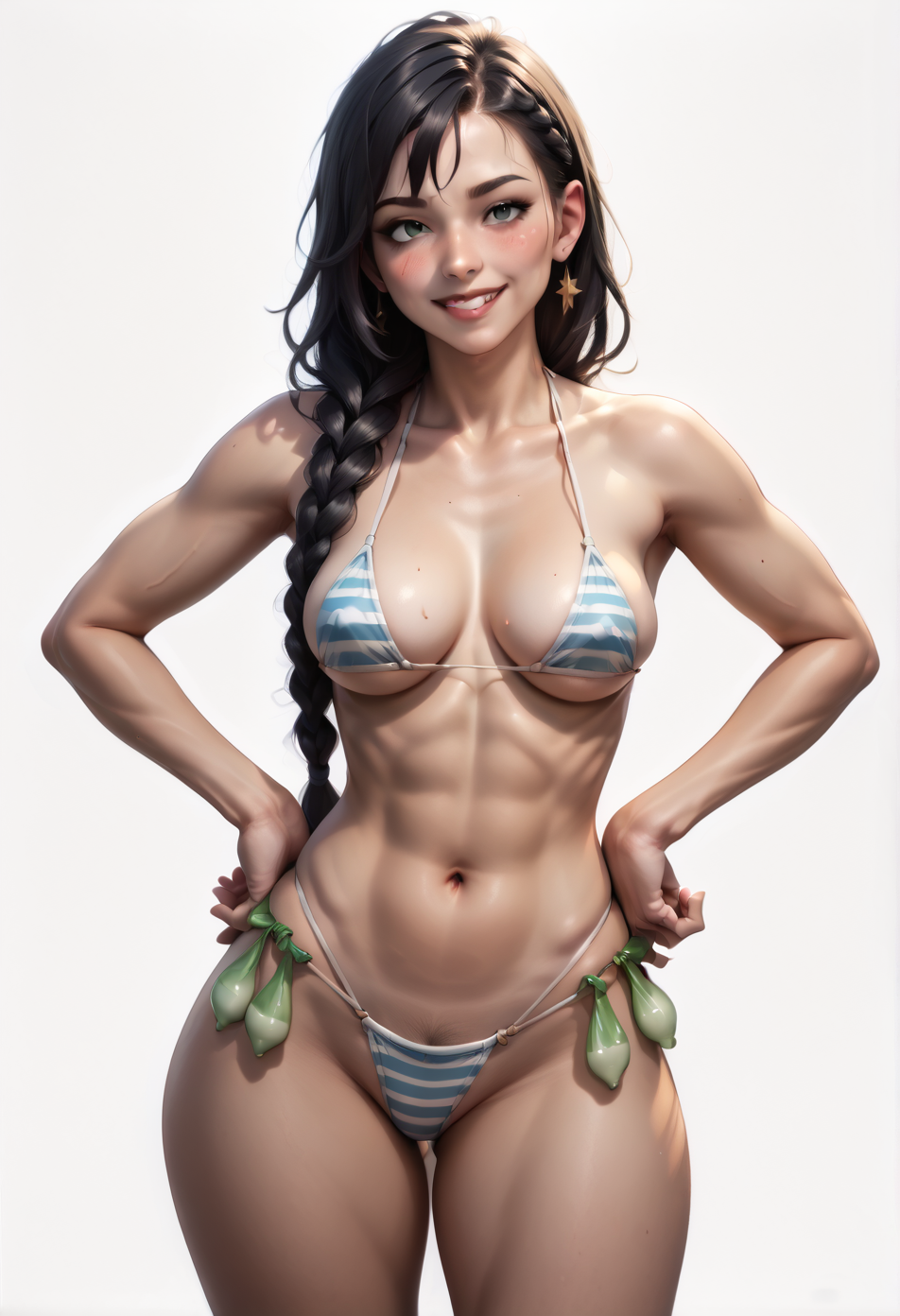 1 girl,  view from front, 
standing, hands on own hips, 
looking at the viewer, smile, blush,
braid, long hair, black hair,
medium breasts, narrow waists, wide hips,
striped bikini, string bikini, 
condom belt, 
white background, simple background,
 <lora:Concept_XL_Pony_Condom_Belt:1> <lora:Realistic_2.5DAnime_Merge1:0.7>, score_9, score_8_up, score_7_up, score_6_up, score_5_up, score_4_up,