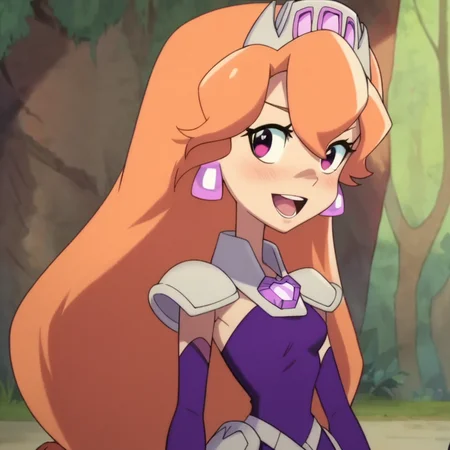 score_9, score_8_up, score_7_up, 1girl, PrincessAmy, orange hair, long hair, purple eyes, crown, earrings, small breasts, narrow waist, wide hips, looking at viewer, highres, high quality, masterpiece, <lora:Princess_Amethyst:1>