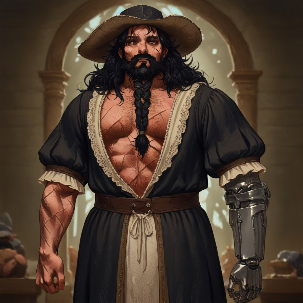 masterpiece, best quality, newest, absurdres, highres, SPAV1.0IL-left, left prosthetic arm, prosthetic arm,  rosthesis, single mechanical arm, 1boy, dwarf, beard, long beard, braided beard, messy hair, black hair, hat, muscular male, scar, scar on face, renaissance clothes, renaissance,