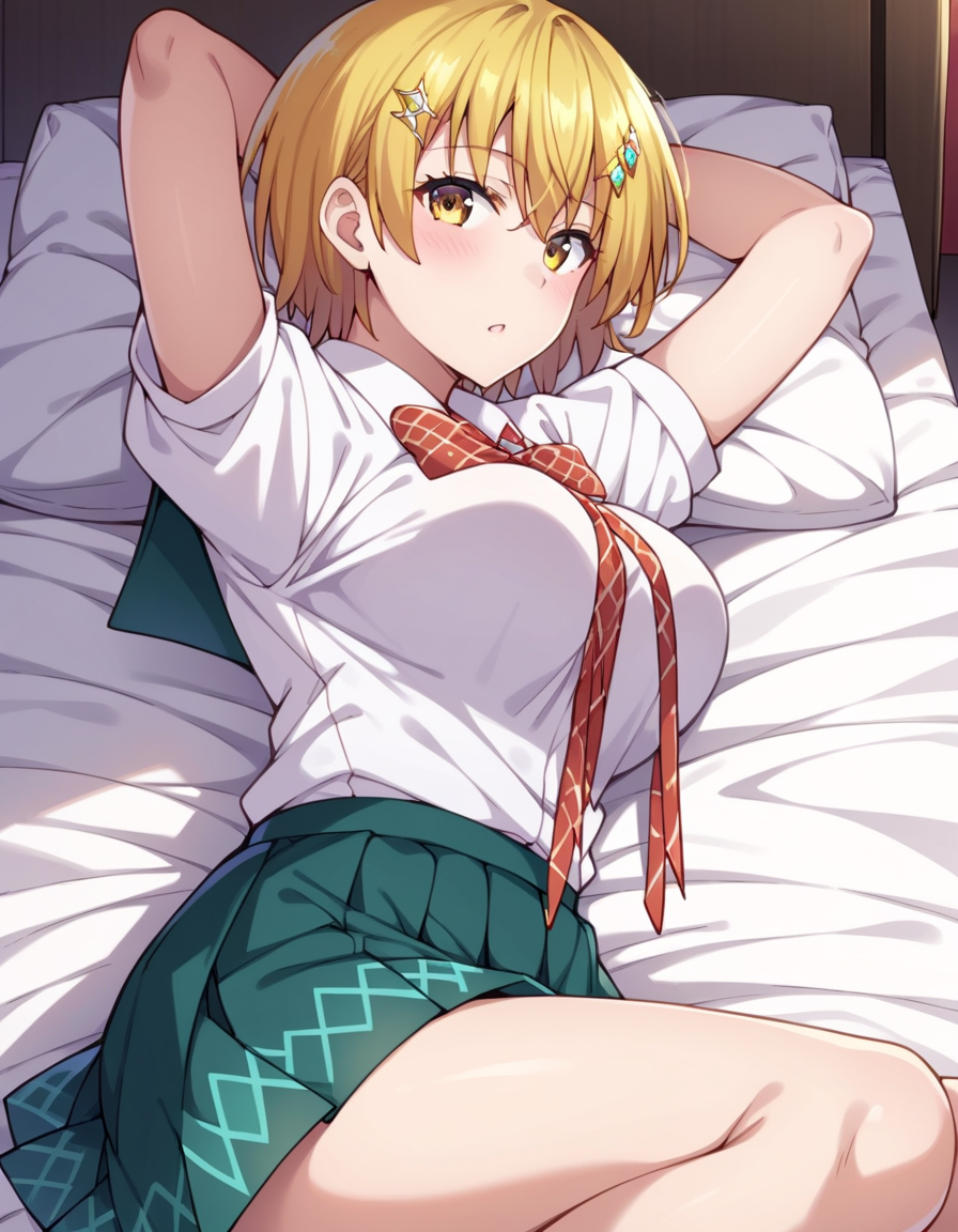 score_9, score_8_up, score_7_up, source_anime, uncensored, <lora:StS_detail_slider_v1:3>, zPDXLxxx, <lora:Kirara_Hoshino_PONYXL_VexVexX:1>, KiraraHoshino, 1girl, yellow eyes, blonde hair, short hair, hair between eyes, hair ornament, hairclip, medium-large breasts, school uniform, skirt, green skirt, shirt, white shirt, short sleeves, bow, ribbon, red bow, cowboy shot, bedroom, from side, lying on back, legs spread, knees bent, knees up, hands behind head, thighs, looking at viewer