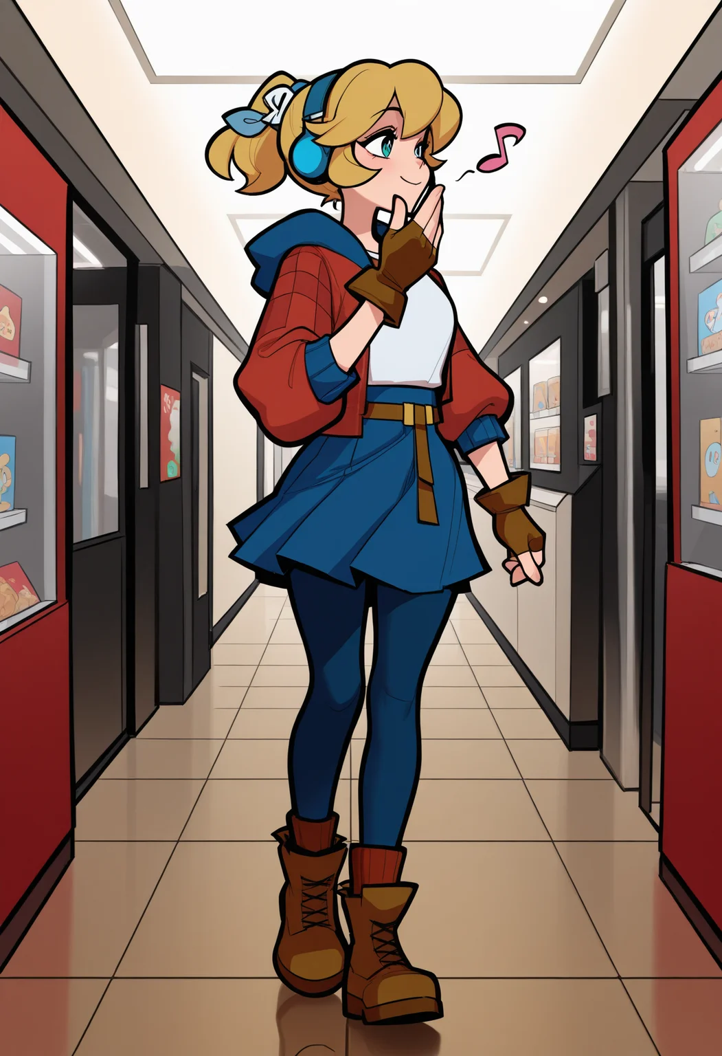 masterpiece, best quality, amazing quality,,<lora:cadence_illustrious_byJaneB:1>,1igrl. solo, c4dence,
red jacket, blue skirt, pantyhose, white shirt, fingerless gloves, brown boots, smile, whistling, musical note, headphones, walking, in the mall, , happy, shopping