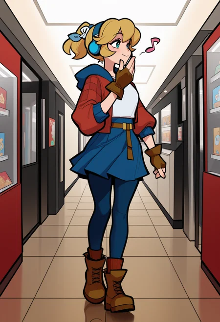 masterpiece, best quality, amazing quality,,<lora:cadence_illustrious_byJaneB:1>,1igrl. solo, c4dence,
red jacket, blue skirt, pantyhose, white shirt, fingerless gloves, brown boots, smile, whistling, musical note, headphones, walking, in the mall, , happy, shopping