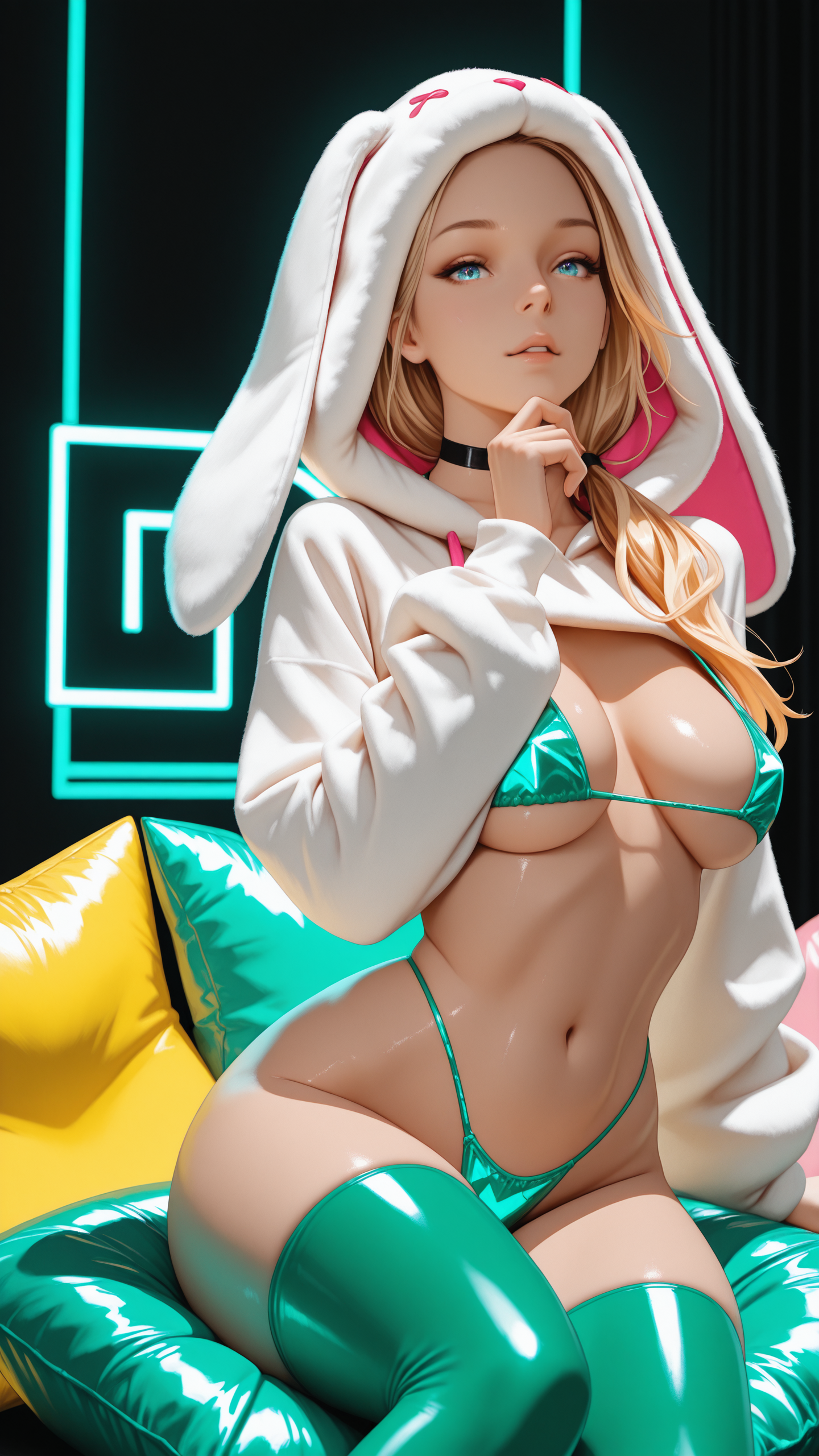 realistic, 3D, masterpiece,best quality,amazing quality,very aesthetic,absurdres,newest,detailed eyes,
A professional,high-quality portrait of a woman,
a woman, blonde, long hair, blue eyes, sitting on a pile of pillows, multicolored pastel pillows,hand on chin, one leg up. black background,neon green lights, abstract  background.
wearing a woman wearing a fluffbunnkinij, choker, floppy bunnyearhood, fluffy bikini, thigh highs  <lora:fluffbunnkinij:1>