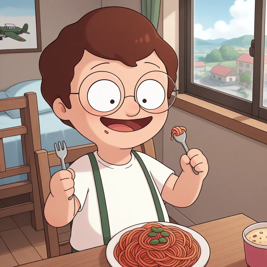 toon \(style\), break ((masterpiece, colorful, detailed background, absurdres, amazing quality, best quality)), <lora:mrfrond-v5:0.75> (bb-mfbb), 1boy, (baby), toddler, solo, bed, upper body, suspenders, white t-shirt, glasses, indoors, from above, holding spoon, holding fork, hands up, plane, food, pasta, high chair, open mouth, smile, food on face,