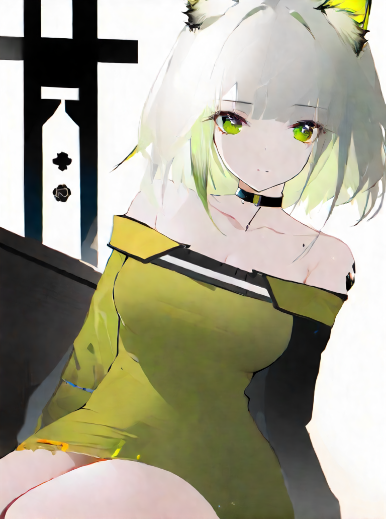 illustration_by_omone_hokoma_agm, 1girl, kal'tsit \(arknights\), collarbone, white hair, upper body, bare shoulders, long sleeves, medium breasts, off-shoulder dress, choker, cat ears, thighs, bangs, official alternate costume, green eyes, short hair, sitting, off shoulder, cowboy shot, green dress, medium hair, animal ears, dress, oripathy lesion \(arknights\), grey hair, star of life, closed mouth, animal ear fluff, alternate costume, green hair, medium breasts, simple_background, <lora:AGMXL-step00008500:1>