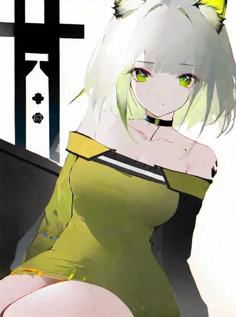 illustration_by_omone_hokoma_agm, 1girl, kal'tsit \(arknights\), collarbone, white hair, upper body, bare shoulders, long sleeves, medium breasts, off-shoulder dress, choker, cat ears, thighs, bangs, official alternate costume, green eyes, short hair, sitting, off shoulder, cowboy shot, green dress, medium hair, animal ears, dress, oripathy lesion \(arknights\), grey hair, star of life, closed mouth, animal ear fluff, alternate costume, green hair, medium breasts, simple_background, <lora:AGMXL-step00008500:1>