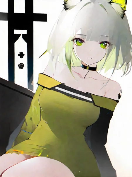 illustration_by_omone_hokoma_agm, 1girl, kal'tsit \(arknights\), collarbone, white hair, upper body, bare shoulders, long sleeves, medium breasts, off-shoulder dress, choker, cat ears, thighs, bangs, official alternate costume, green eyes, short hair, sitting, off shoulder, cowboy shot, green dress, medium hair, animal ears, dress, oripathy lesion \(arknights\), grey hair, star of life, closed mouth, animal ear fluff, alternate costume, green hair, medium breasts, simple_background, <lora:AGMXL-step00008500:1>