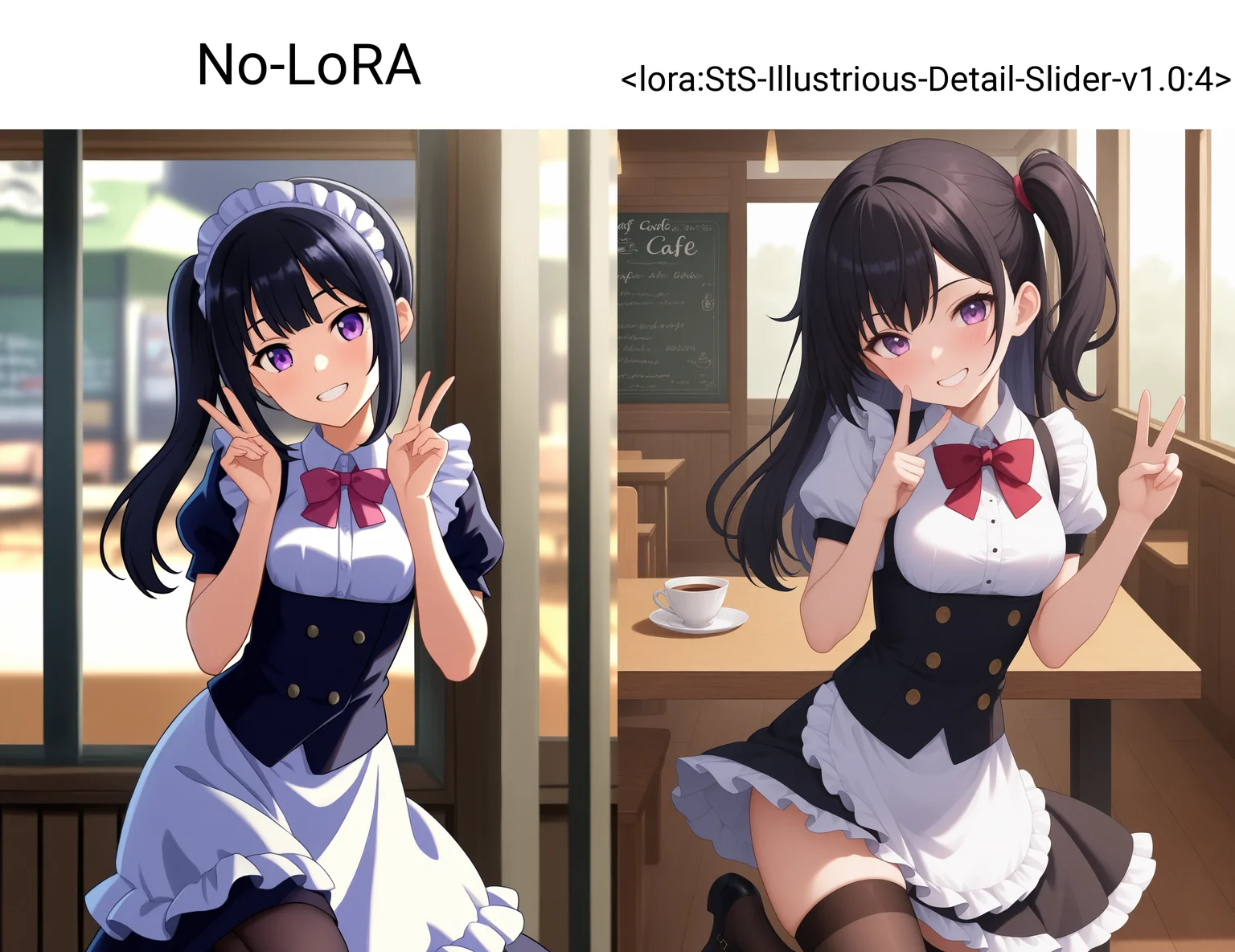 No-LoRA, 1girl, solo, purple eyes, black hair, maid, side ponytail, long hair, standing on one leg, v, head tilt, cowboy shot, looking at viewer, grin, cafe, highres, absurdres, masterpiece, tracing, 8k, soft lighting