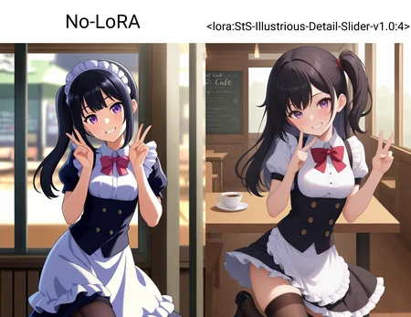 No-LoRA, 1girl, solo, purple eyes, black hair, maid, side ponytail, long hair, standing on one leg, v, head tilt, cowboy shot, looking at viewer, grin, cafe, highres, absurdres, masterpiece, tracing, 8k, soft lighting
