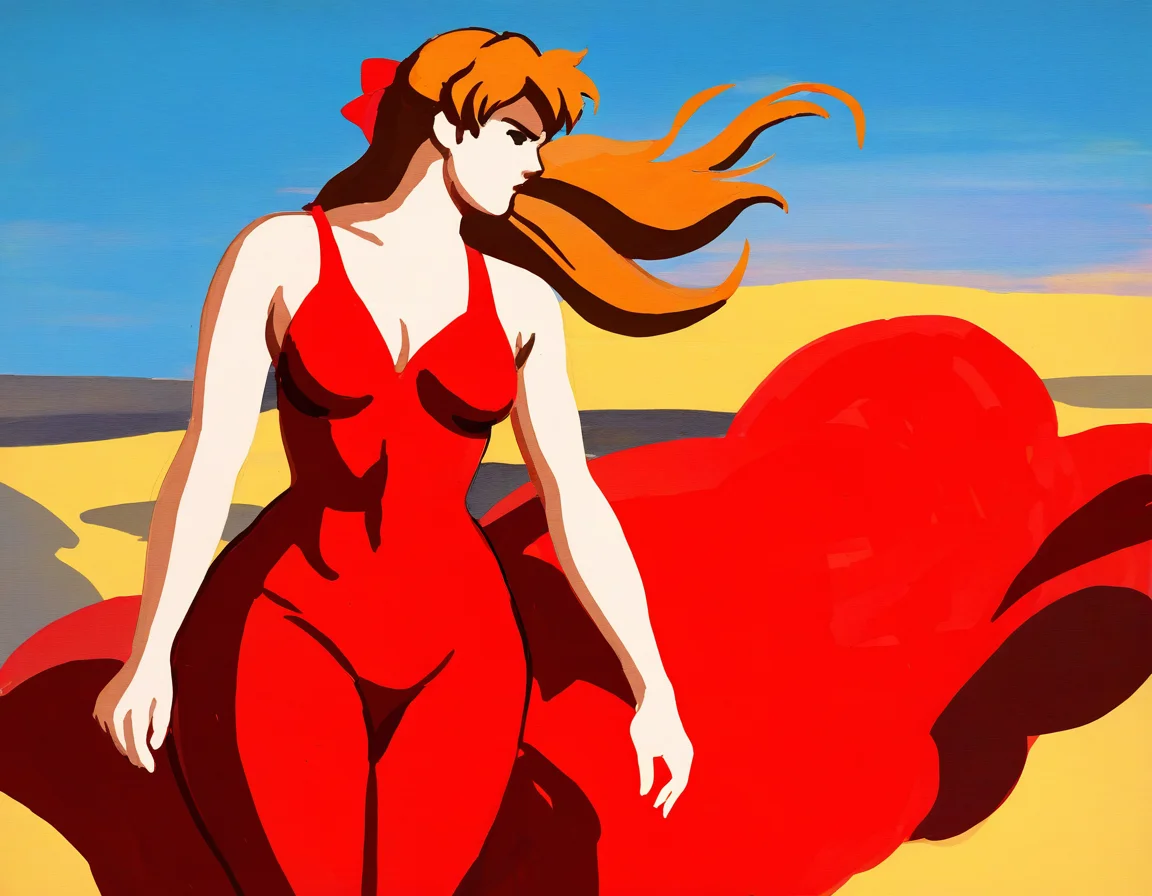 by carl newman, 1girl, souryuu-asuka-langley, determined, dress, wind, outside, looking-away, cowboy-shot, masterpiece, best quality, newest, absurdres, highres