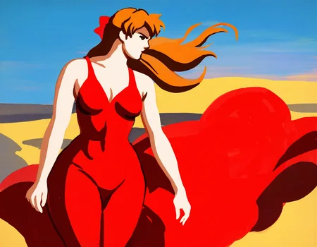 by carl newman, 1girl, souryuu-asuka-langley, determined, dress, wind, outside, looking-away, cowboy-shot, masterpiece, best quality, newest, absurdres, highres