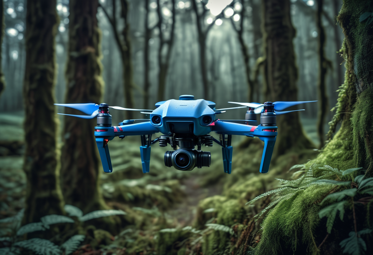 award winning, (professional photo) of (compact medium-sized blue drone) with lightweight-plastic body, ducted fans,   the drone is flying over  a dense forest, with towering trees, moss-covered ground, hidden pathways, under the stars, , creative, beautiful, vibrant, masterpiece, 64k, UHD, HDR, full view, atmospheric lighting, extremely detailed