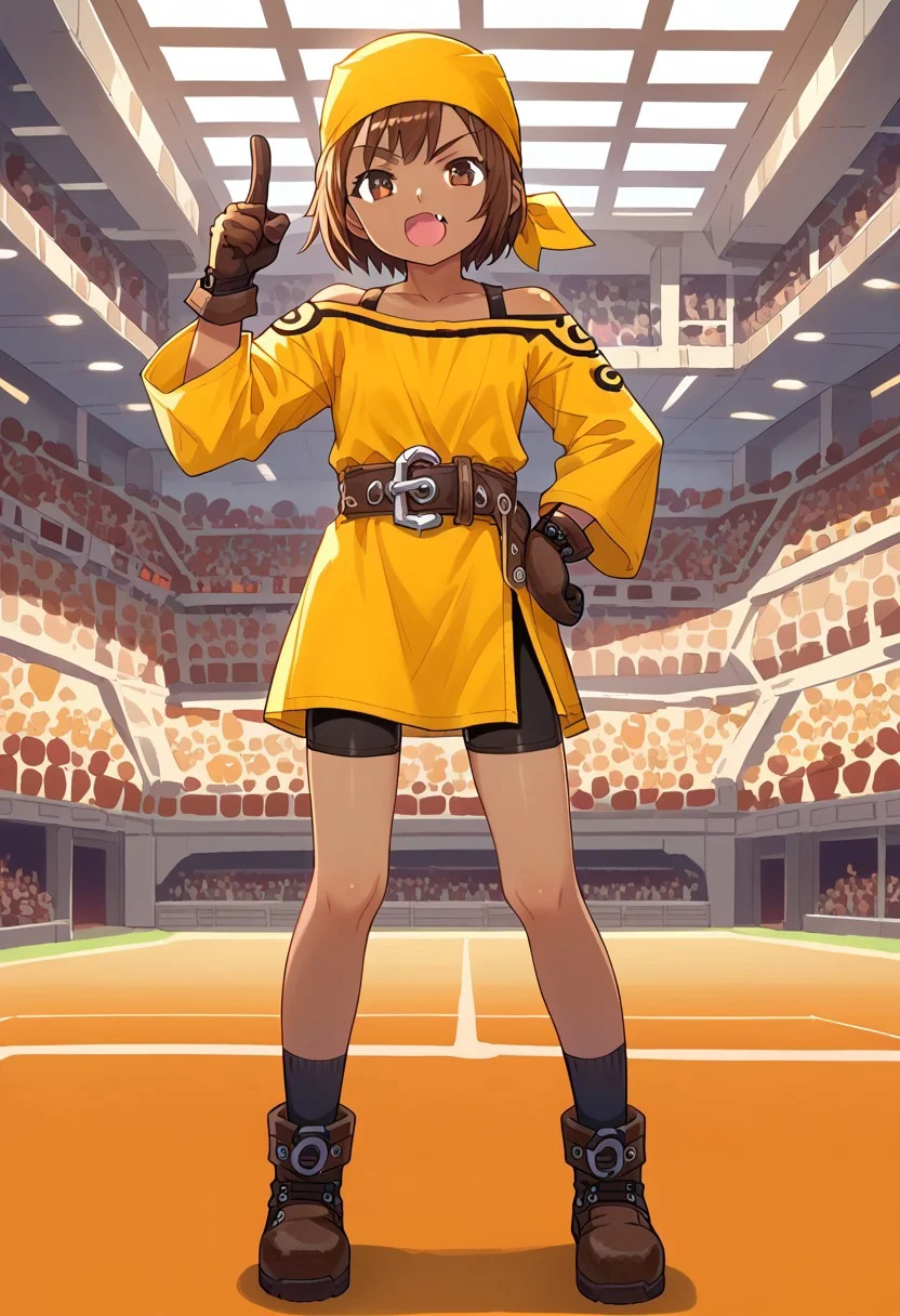 score_8, score_8_up, score_7_up, anime screenshot, source_anime, 1girl, female focus, solo, Razzy_SCS, dark-skinned female, reverse trap, brown hair, short hair, bangs, brown eyes, yellow bandana, bandana, yellow shirt, long shirt, off shoulder, off-shoulder shirt, long sleeves, black tanktop, belt, buckle, bike shorts, shorts under dress, gloves, black socks, brown boots, fold-over boots, ankle boots, full body, standing, looking at viewer, open mouth, fang, indoors, pointing at viewer, hand on hip, Colosseum background
