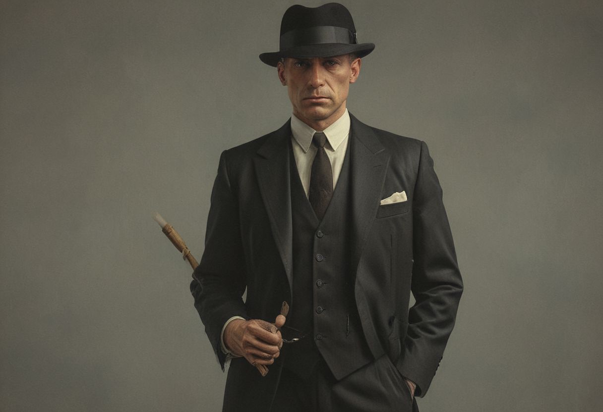 1920s mobster holding a club while wearing a 3 piece black suit and Black Bowler Derby Hat Short Rolled Brim Fedora Hat,  Vibrant (George Tooker) and (Simon Stalenhag) and (Holly Andres) book cover style.
Title: "The Closer".
Life-like details.
Cinematic. Dramatic. Dynamic. 
Pristine Aesthetic.
Enigmatic.
Emotionally Moving.
Moody.
Extremely refined lines and and shapes.
Extremely refined details on objects.
Sharp details.
Complementary colors.
Many details everywhere. Ray-Tracing. Anti-Aliasing. Realistic soft shadows. Low saturation colors. Insane quality. Insane resolution. Insane details. Masterpiece. 32k resolution.