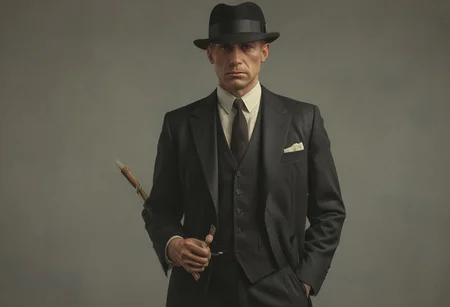 1920s mobster holding a club while wearing a 3 piece black suit and Black Bowler Derby Hat Short Rolled Brim Fedora Hat, Vibrant (George Tooker) and (Simon Stalenhag) and (Holly Andres) book cover style.
Title: "The Closer".
Life-like details.
Cinematic. Dramatic. Dynamic.
Pristine Aesthetic.
Enigmatic.
Emotionally Moving.
Moody.
Extremely refined lines and and shapes.
Extremely refined details on objects.
Sharp details.
Complementary colors.
Many details everywhere. Ray-Tracing. Anti-Aliasing. Realistic soft shadows. Low saturation colors. Insane quality. Insane resolution. Insane details. Masterpiece. 32k resolution.