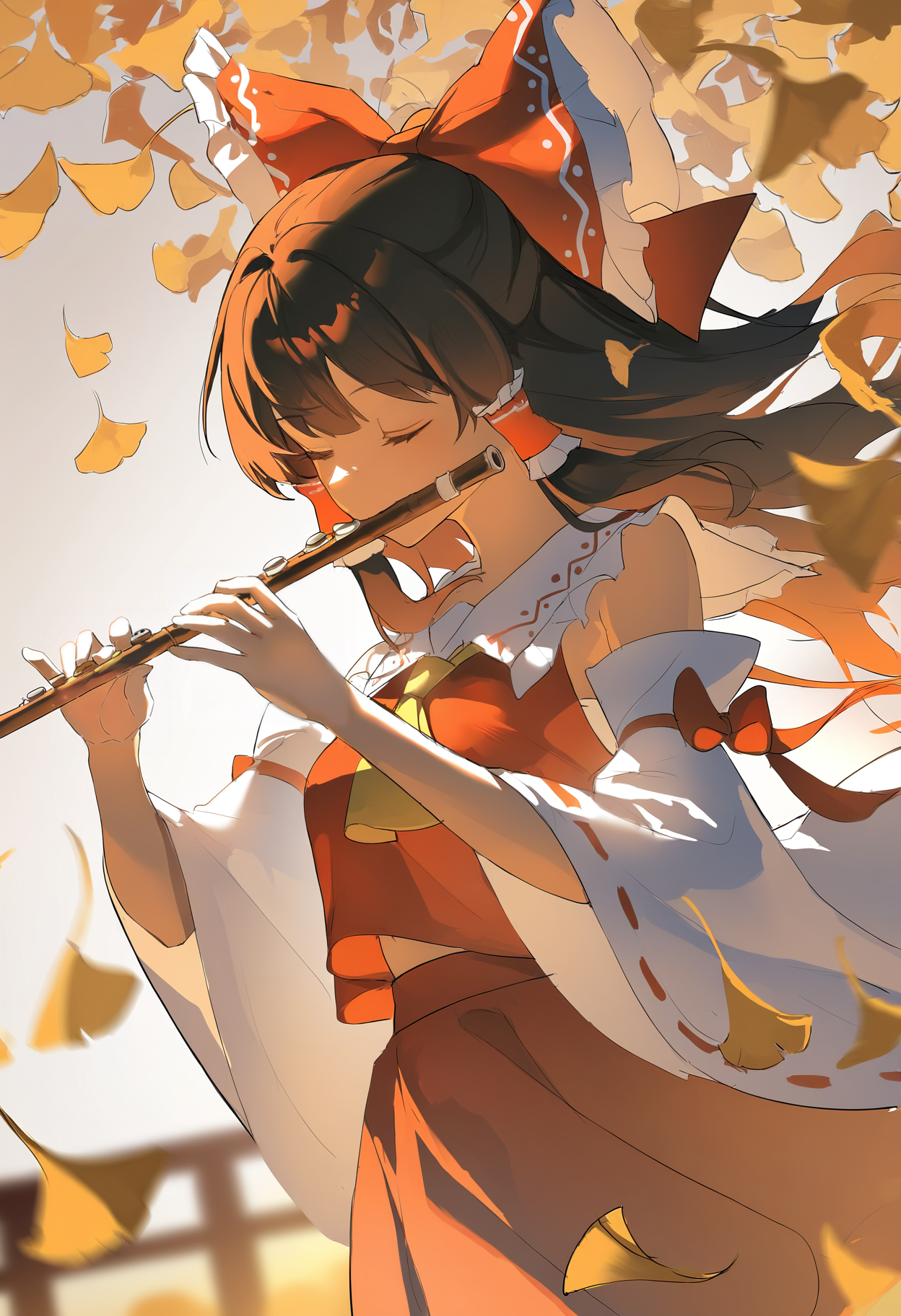 very awa, masterpiece, best quality, newest, absurdres, highres, girl, hakurei reimu, playing flute, playing instrument, closed eyes, cowboy shot, bloom, blurry, extreme detail, orange lighting, sunset, close-up, flute, dutch angle, ginkgo leaf, <lora:artist_cococolacake_vpred_v1-1:1>