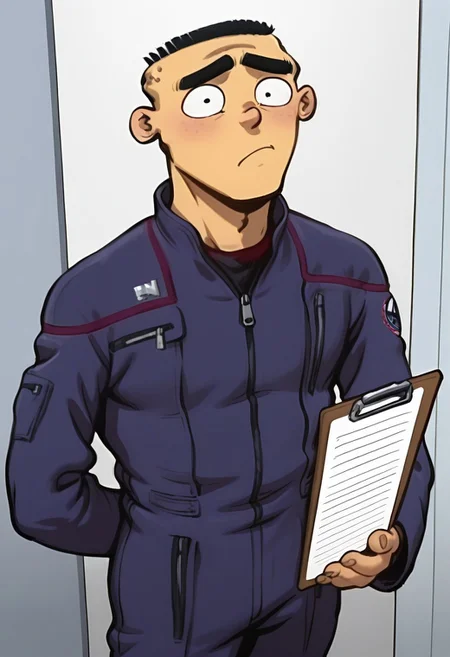 Masterpiece, best quality, 8k, newest, absurdres, highly detailed, 1boy, solo, edboi, mnbrow, unibrow, navy blue stentps uniform with red lines,long sleeves, clipboard
BREAK