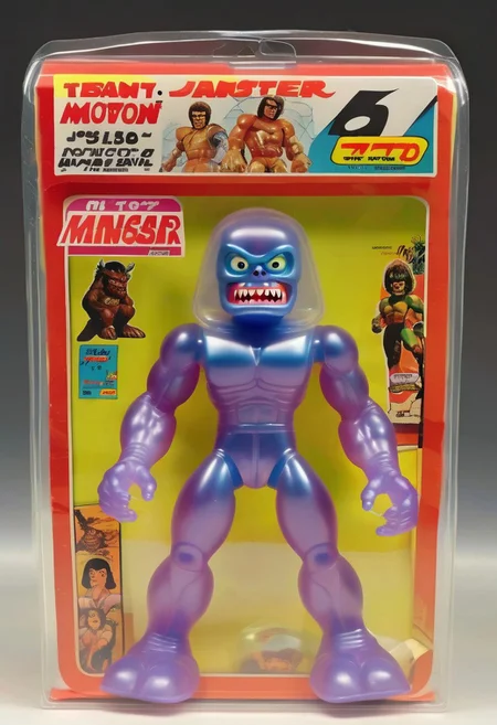 <lora:1987 Action Figure Playset Packaging:1>1987 Action Figure Playset Packaging - A product photo of a 1970s japanese toy clear monster action figure in front of packaging