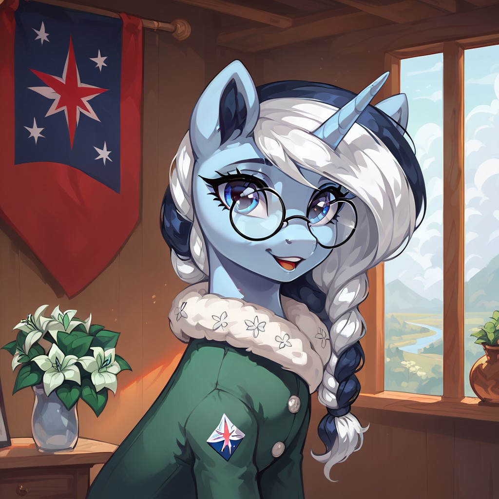 masterpiece, score_9, score_8_up, score_7_up, (best quality:1.1), ultra-detailed, high resolution, 1character, River Swirl, unicorn pony, light blue skin, fluffy pony ears, horn, black and white mane, feral, female, mare, green clothing, (((beautiful detailed kornflower blue eyes))), round glasses, looking at you, long eyelashes, (indoors), (in the parliament rooms), (european union flag), Long eyelashes, Highly Visible, (((8k))), sharp focus, perfect lighting, beautiful eyes, detailed outfit, anatomically correct, extremely detailed, shine on body, high detail, cute face, happy facial expression, Expressiveh, detailed background, OverallDetail, zPDXL2