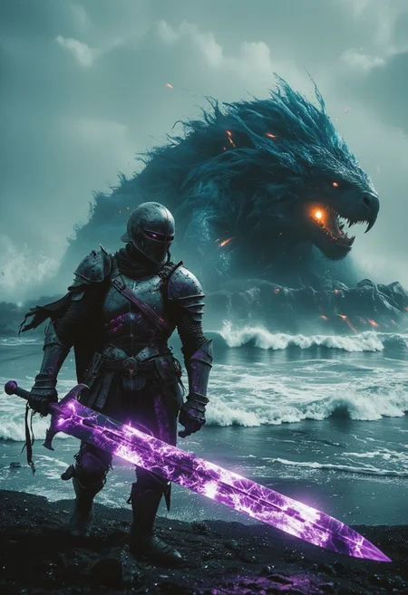 Upper body shot of a dark, menacing mechanical knight engaged in a bosstyle boss battle, captured with the gritty realism of an old analog camera. The knight’s battle-worn, intricately designed helmet reflects the eerie glow of his weapon—a massive, twisted sword. The blade crackles with dark energy, gathering ominously at its tip, where a glowing orb of dark purple and translucent amber light pulses with immense, destructive power. The energy radiates along the blade, casting a sinister glow that illuminates the knight’s helmet and armor, creating stark contrasts between light and deep shadows. Standing strong against a translucent Crystal dark-blueish Boss Made of waves Resembling an wide Fury ghostly Wave water monster, 
 The chaotic battlefield around them is set amidst large crystal-blue waves crashing with explosive force, intensifying the dramatic clash between the knight and his adversaries.