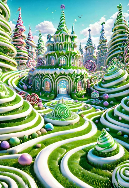 castle , A traveler contemplates a gigantic labyrinth made up of dozens of white, grass, medical towers. Candy labyrinth