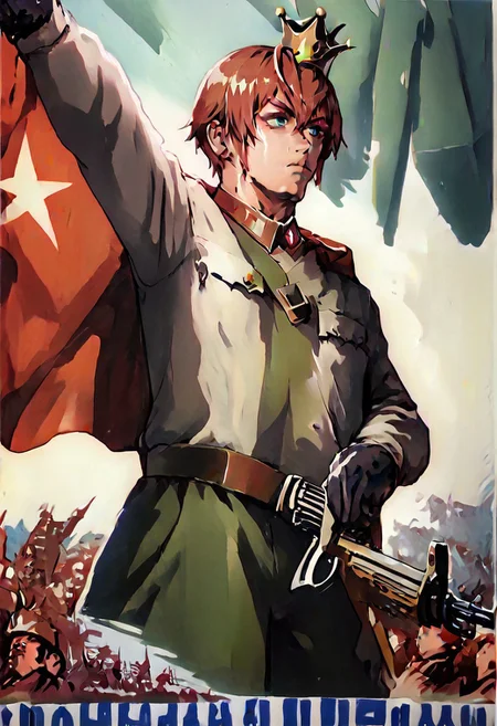 score_9, score_8_up,score_7_up,source_anime, highly detailed, highly detailed eyes, 1boy, solo, male_focus, 1boy,Riddle RoseheartsPDXL,red hair, greys eyes,dormitory uniform, gloves, crown, thigh boots, boots, white pants, high heels, cape, mini crown, black gloves, white jacket, (+ flower),soldier, war, 6+boys, uniform, assault rifle, rifle, male focus, North Korea, silhouette, hat, military, weapon,soviet poster