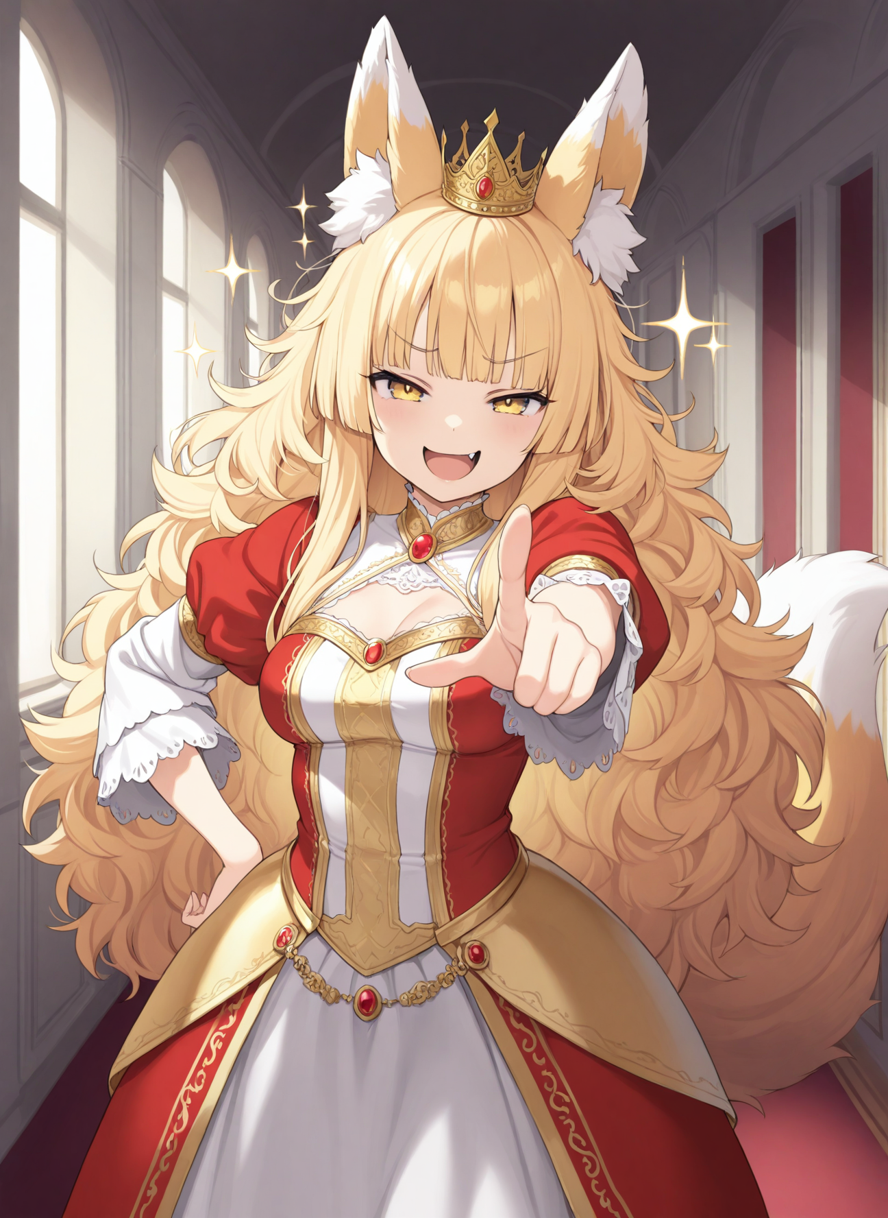 1girl, blonde hair, yellow eyes, crown, masterpiece, animal ears, standing, indoors, fox girl, tail, hime cut, princess, pointing at viewer, smug, smile, fox tail, open mouth, hand on own hip, solo, sparkle, medium breasts, messy hair, fluffy hair, fang, looking at viewer, hallway,