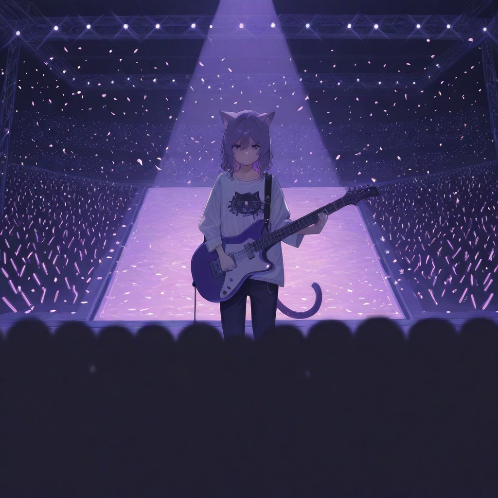 Here's a prompt to generate an image similar to the one you provided: **Prompt:** Anime style illustration of a young male guitarist on stage. He has dark, tousled hair and a somewhat serious expression. He's wearing a white long-sleeved shirt with a stylized cartoon cat graphic on it. He is holding a bright pink electric guitar. The background is a concert stage with blurred figures of a crowd, bright purple stage lights, and a shower of confetti. The overall style is vibrant and colorful with sharp details.