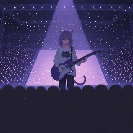 Here's a prompt to generate an image similar to the one you provided: **Prompt:** Anime style illustration of a young male guitarist on stage. He has dark, tousled hair and a somewhat serious expression. He's wearing a white long-sleeved shirt with a stylized cartoon cat graphic on it. He is holding a bright pink electric guitar. The background is a concert stage with blurred figures of a crowd, bright purple stage lights, and a shower of confetti. The overall style is vibrant and colorful with sharp details.