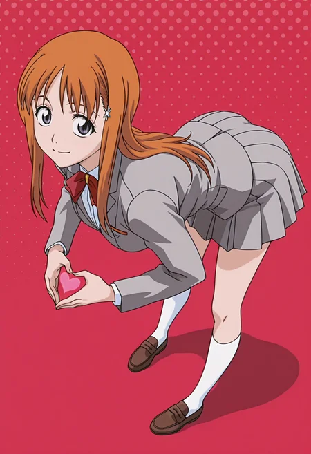 masterpiece, best quality, amazing quality, anime screencap, anime coloring, 1girl, solo, <lora:DX888Orihime:1> inoue orihime, grey eyes, orange hair, long hair,
hairclip, school uniform, grey blazer, grey skirt, red bow, BREAK red background, dotted background, (simple background:1.2) BREAK (dynamic pose:1.2), smile, blsuh, heart hands, bent over, from above, from side,