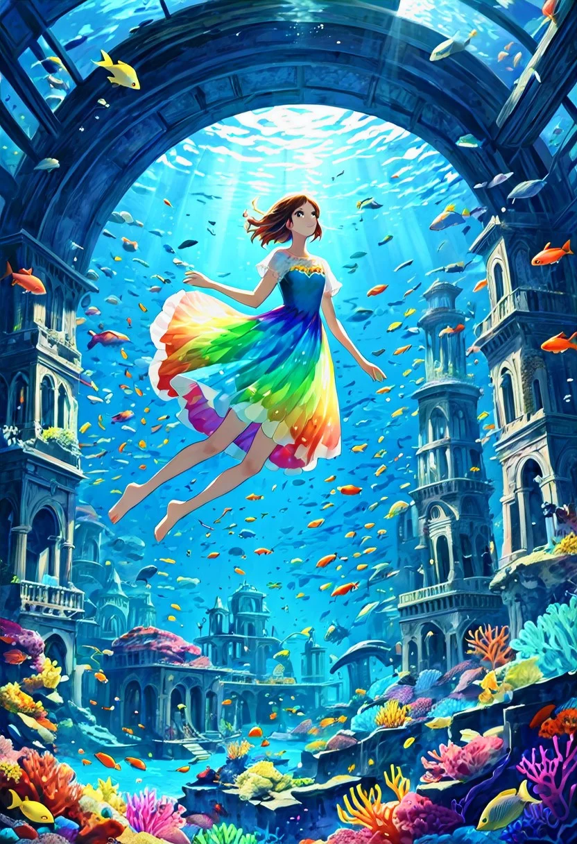 landscape, an underwater city with colorful fish swimming around, a young woman in a full rainbow dress floats among the fish