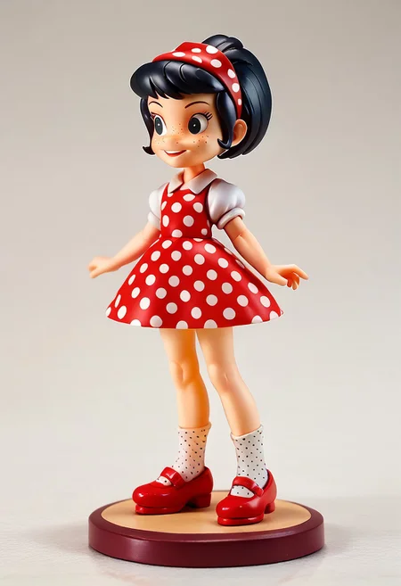 figure, score_9, score_8_up, score_7_up BREAK Yuyito, 1girl, black hair, red white polka dot headband, black eyes, freckles, red white polka dot dress, socks, black mary jane shoes,