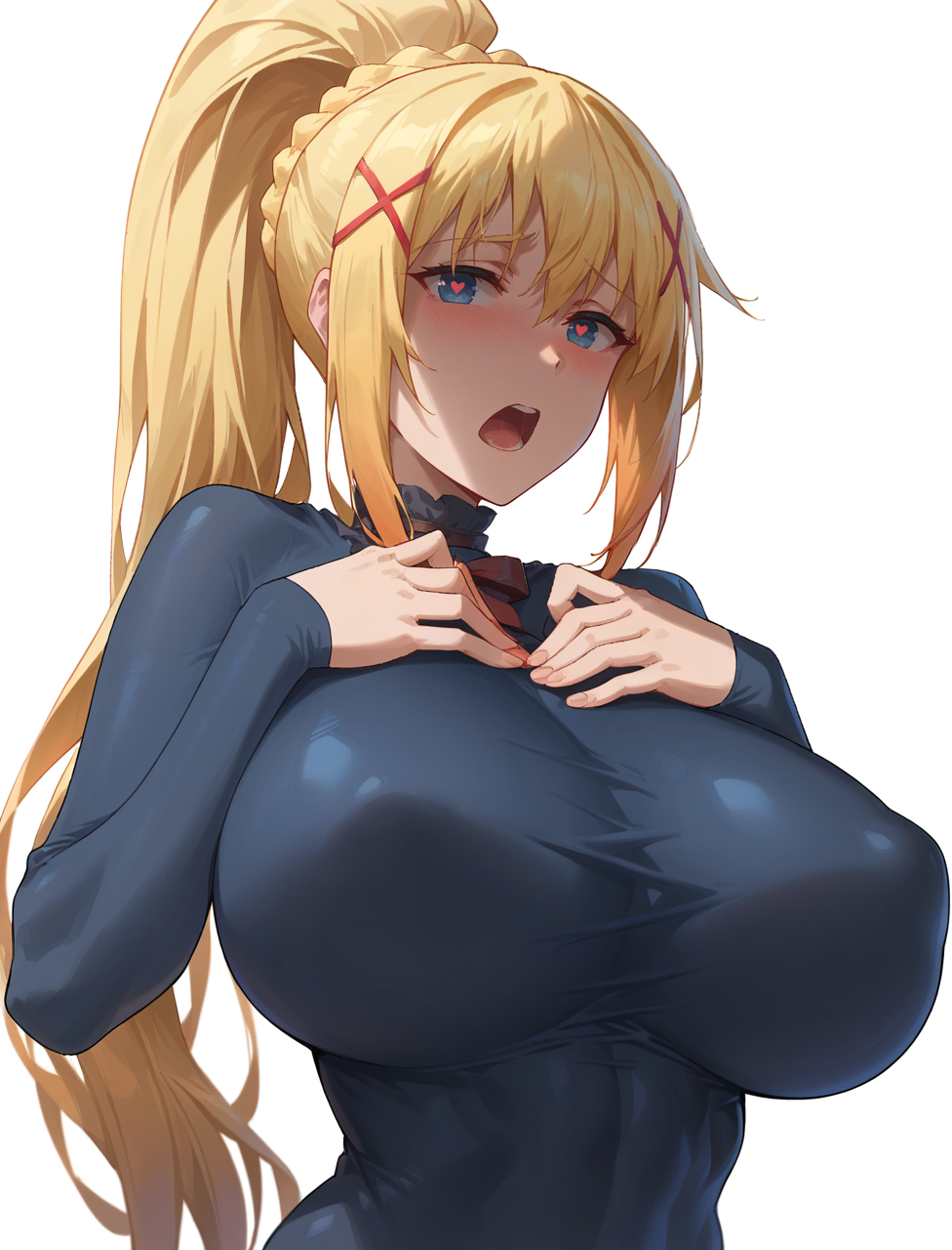 score_9, score_8_up, score_7_up, score_6_up, <lora:Yohand1754V1:0.95>,
darkness \(konosuba\), 1girl, blonde hair, blue eyes, blush, breasts, covered nipples, hair ornament, hands on own breasts, heart, heart-shaped pupils, huge breasts, long hair, looking at viewer, open mouth, ponytail, solo, symbol-shaped pupils, white background