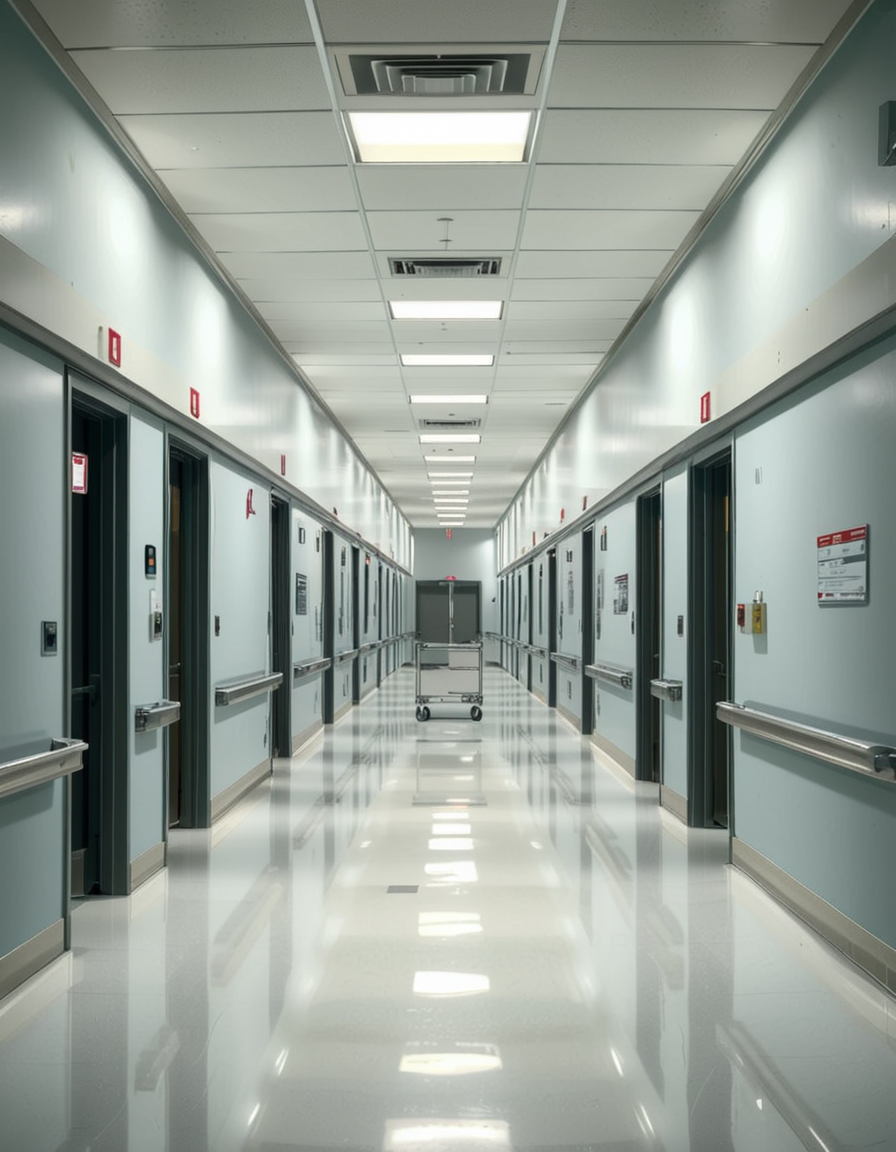 A long, sterile hospital corridor with bright white walls and a polished, reflective floor. The fluorescent ceiling lights cast a cold, clinical glow, emphasizing the cleanliness of the space. The hallway is lined with closed patient rooms, each marked with a small number plate. Stainless steel handrails run along the walls, and a few medical carts are neatly parked near the side. The corridor appears empty, creating a sense of stillness and anticipation. At the far end, a set of double doors with small glass windows leads to another section of the hospital. The atmosphere is quiet, professional, and highly sanitized, evoking a sense of order and precision.
<lora:SDXLFaeTastic2400:0.4> <lora:extremely_detailed:0.4> extremely detailed, <lora:sterile_hospital_c0rr1d0r:1>,sterile hospital c0rr1d0r, Masterpiece,best quality,hi res,8k,hi res,8k,award winning,(sharp focus, intricate, highly detailed),