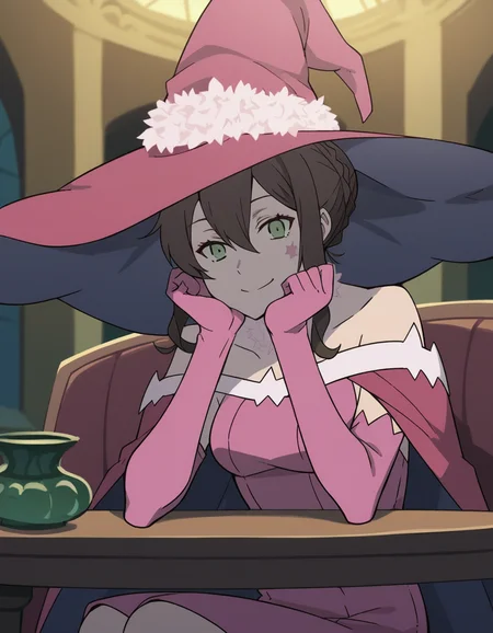 score_9, score_8_up, score_7_up, source_anime, <lora:v-lila-f-hnu-ponyxl-lora-nochekaiser:1>, v lila f, brown hair, black hair, green eyes, braid, sidelocks, hair bun, makeup, facial mark, single hair bun, hair between eyes,, gloves, hat, dress, bare shoulders, elbow gloves, cape, witch hat, pink dress, witch,, indoors, smile, looking at viewer, solo, sitting, head rest, table,, cowboy shot, dutch angle