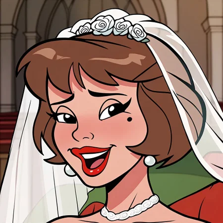 score_9, score_8_up, score_7_up BREAK YayitaC, 1girl, brown hair, black eyes, beauty mark, lipstick, wedding dress, cartoon, happy tears, marriage, marriage scene, source_cartoon, church indoors,