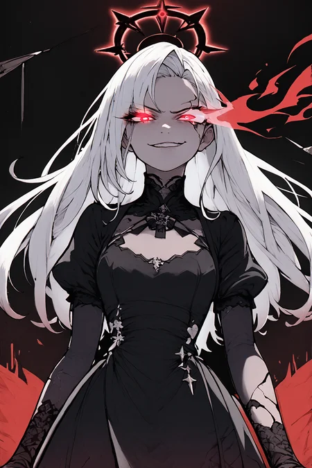 masterpiece, best, femme fatale, woman, solo, white hair, long hair, black dress, broken halo, cracked halo, looking at viewer, black halo, smirk, seductive, intense stare, 
cowboy shot,
<lora:Sinozick_Style_XL_Pony:0.8> <lora:LineArt Mono Style LoRA_Pony XL v6:0.5> <lora:IncaseLycoXL:0.5> <lora:Granblue_Fantasy_Style_XLv4:0.5> <lora:Flaming:1> red glowing eye, red flaming eye, red eye trail,