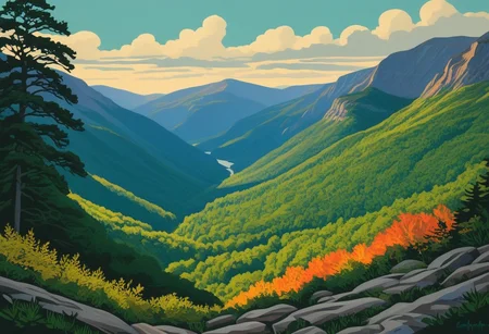Silkscreen, ((WPA style)), (national parks style), Bold vivid natural colors, limited color palette, painting, HDR (Franconia Notch | Appalachian Trail)