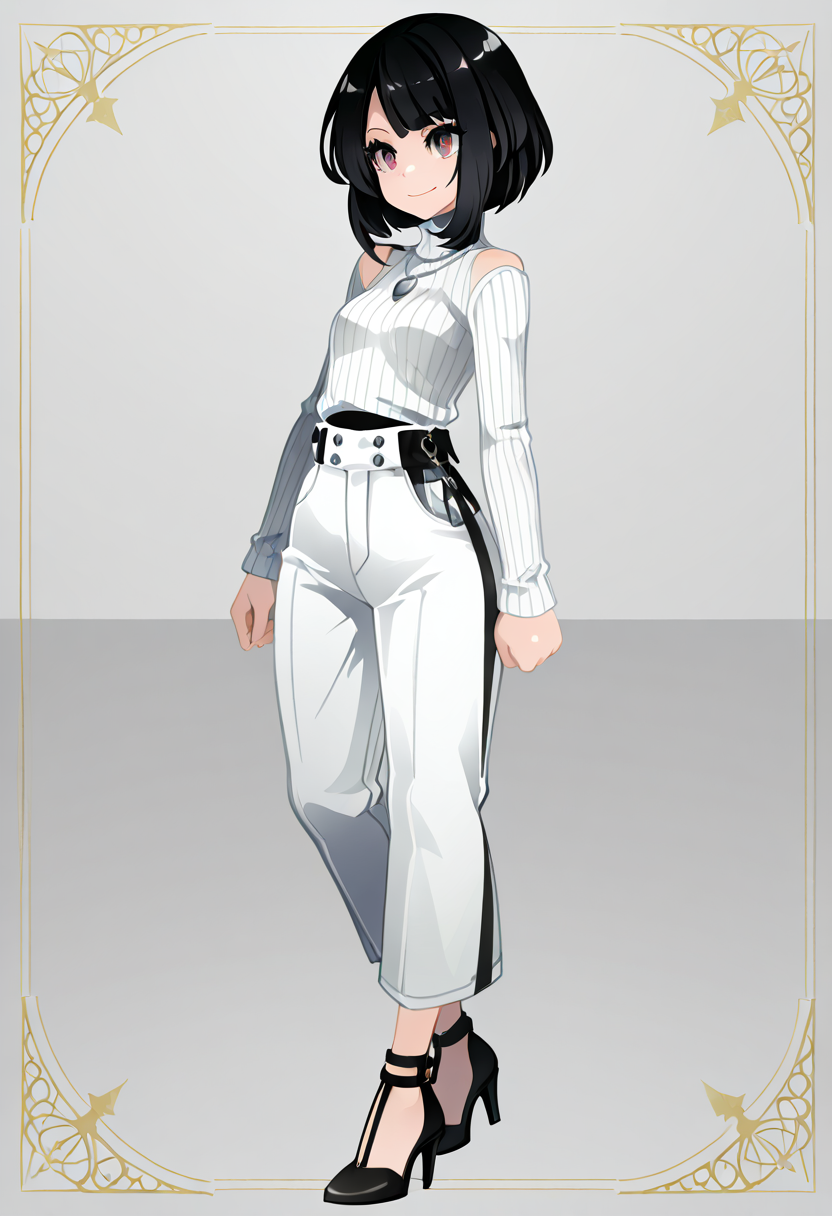 masterpiece, best quality, 1girl, solo, eyelashes, (beautiful eyes), narrow waist, smile, <lora:CoutureCraze_IXL:1.0>,   zzSelene, black hair, short hair, C0utur3Cr4z3, 1girl, solo, black turtleneck, white high-waisted trousers, black heels, silver jewelry, minimalist style, modern art gallery â Selene stands in front of a modern art piece in a minimalist gallery, exuding quiet elegance. Her black turtleneck fits perfectly, tucked into high-waisted white trousers that flow effortlessly with every step. Black heels add a sleek touch, and silver jewelryâsimple yet strikingâcompletes the look. The galleryâs clean lines and white walls accentuate her modern, chic aesthetic, with her short black hair framing her face in a sharp, polished manner.      <lora:SelenePokemon_NAI:1.0>,