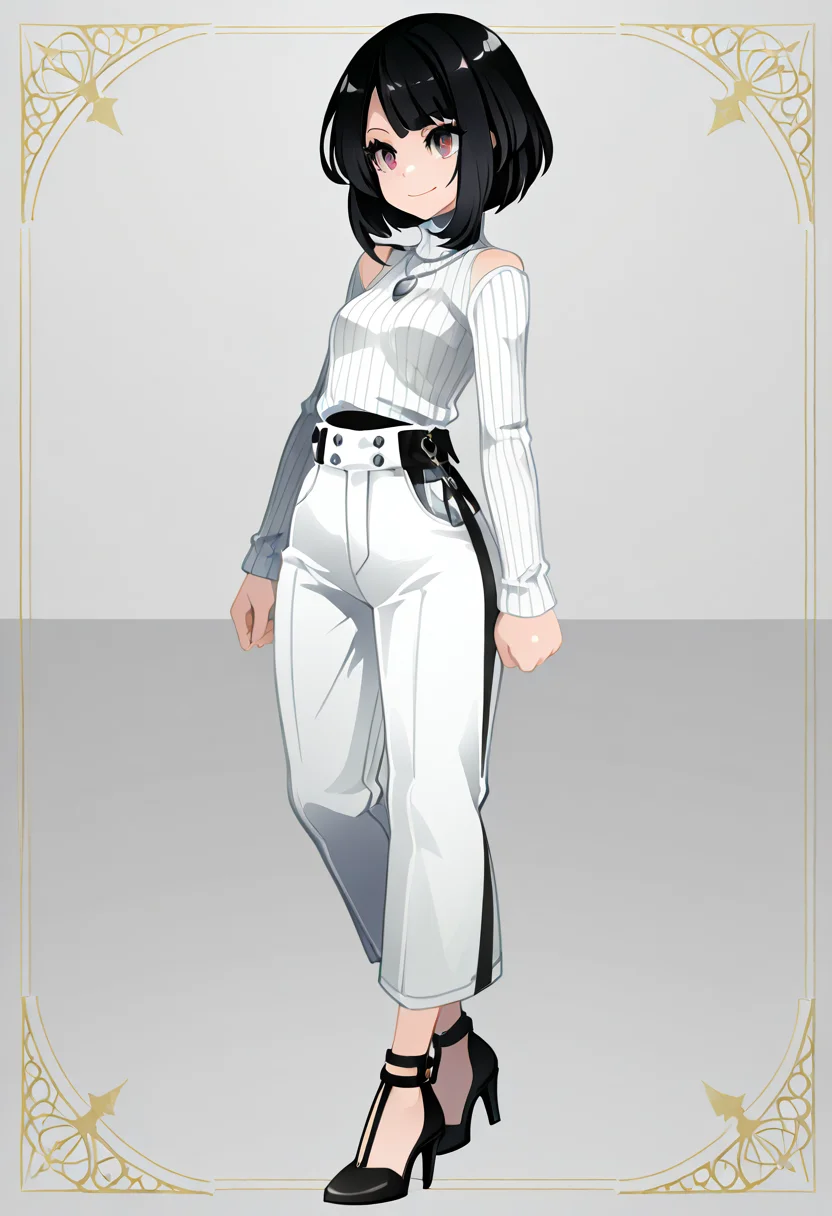 masterpiece, best quality, 1girl, solo, eyelashes, (beautiful eyes), narrow waist, smile, <lora:CoutureCraze_IXL:1.0>, zzSelene, black hair, short hair, C0utur3Cr4z3, 1girl, solo, black turtleneck, white high-waisted trousers, black heels, silver jewelry, minimalist style, modern art gallery â Selene stands in front of a modern art piece in a minimalist gallery, exuding quiet elegance. Her black turtleneck fits perfectly, tucked into high-waisted white trousers that flow effortlessly with every step. Black heels add a sleek touch, and silver jewelryâsimple yet strikingâcompletes the look. The galleryâs clean lines and white walls accentuate her modern, chic aesthetic, with her short black hair framing her face in a sharp, polished manner. <lora:SelenePokemon_NAI:1.0>,