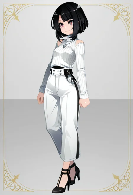 masterpiece, best quality, 1girl, solo, eyelashes, (beautiful eyes), narrow waist, smile, <lora:CoutureCraze_IXL:1.0>, zzSelene, black hair, short hair, C0utur3Cr4z3, 1girl, solo, black turtleneck, white high-waisted trousers, black heels, silver jewelry, minimalist style, modern art gallery â Selene stands in front of a modern art piece in a minimalist gallery, exuding quiet elegance. Her black turtleneck fits perfectly, tucked into high-waisted white trousers that flow effortlessly with every step. Black heels add a sleek touch, and silver jewelryâsimple yet strikingâcompletes the look. The galleryâs clean lines and white walls accentuate her modern, chic aesthetic, with her short black hair framing her face in a sharp, polished manner. <lora:SelenePokemon_NAI:1.0>,
