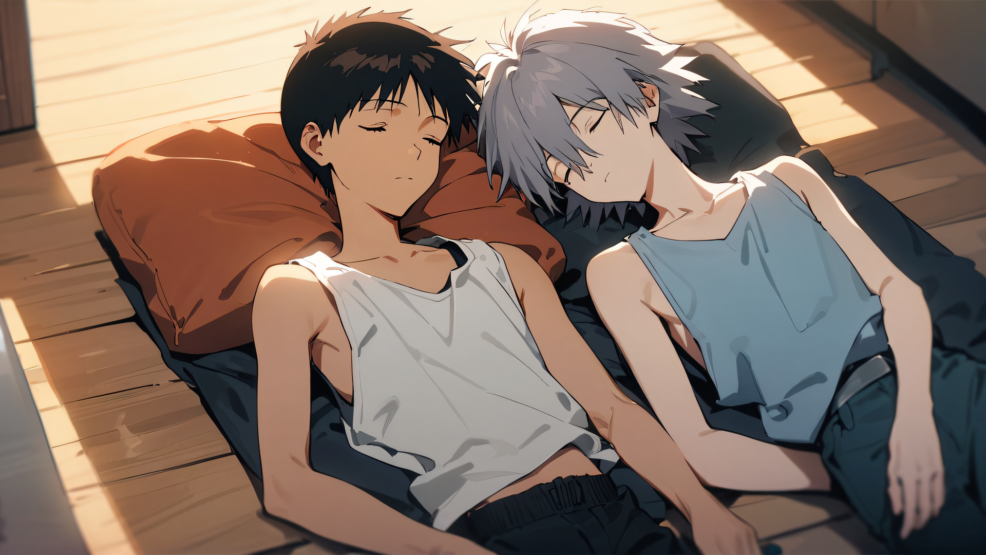 masterpiece, best quality, very aesthetic, absurdres, 2boys,
nagisa kaworu, ikari shinji, neon genesis evangelion,
tank top, sleeping, wooden floor, couple