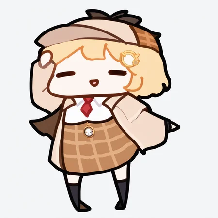 score_9, score_7_up, <break> chibi, simple background, white background, full body, solo, 1girl, amelia_detective, smile, open mouth, dancing, closed eyes, bob cut, white shirt, collared shirt, red necktie, high-waist skirt, brown skirt, plaid skirt, deerstalker, brown coat, black socks, pocket watch, monocle hair ornament