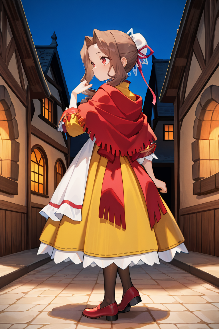 masterpiece, very aesthetic, absurdres, best quality, amazing quality, high resolution, <lora:illustrious_quality_modifiers_masterpieces_v1:0.8> , <lora:ChamIllustriousBackgroundEnhancer:0.5>,   <lora:MistelIL:0.8> , misdef, 1girl, long hair, long sidelocks, drill sidelocks, brown hair, red eyes, bun cover, hair ornament, single hair bun, hair ribbon, ribbon, dress, yellow shirt, sleeves past elbows, frilled sleeves, yellow skirt, red shawl, back bow, white apron, apron, apron over yellow shirt, pantyhose, red shoes, full body, exterior, night, medieval village, medieval fantasy,