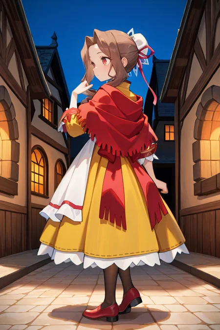 masterpiece, very aesthetic, absurdres, best quality, amazing quality, high resolution, <lora:illustrious_quality_modifiers_masterpieces_v1:0.8> , <lora:ChamIllustriousBackgroundEnhancer:0.5>,   <lora:MistelIL:0.8> , misdef, 1girl, long hair, long sidelocks, drill sidelocks, brown hair, red eyes, bun cover, hair ornament, single hair bun, hair ribbon, ribbon, dress, yellow shirt, sleeves past elbows, frilled sleeves, yellow skirt, red shawl, back bow, white apron, apron, apron over yellow shirt, pantyhose, red shoes, full body, exterior, night, medieval village, medieval fantasy,