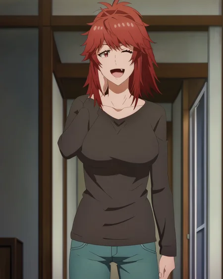 score_9, score_8_up, score_7_up, source_anime, indoors, tomo-chan is a girl artstyle, official anime artwork, screencap, anime screencap, masterpiece, BREAK
<lora:Akemi_Aizawa:1>1girl, Akemi Aizawa, red hair, red eyes, fang out, collarbone, large breasts, sidelocks, ponytail, long hair, bangs, messy hair,
black shirt, jeans, long sleeves,
girl doing a sexy pose, looking at the viewer, big smile, sexy wink, mouth open, sticking tongue out at viewer,