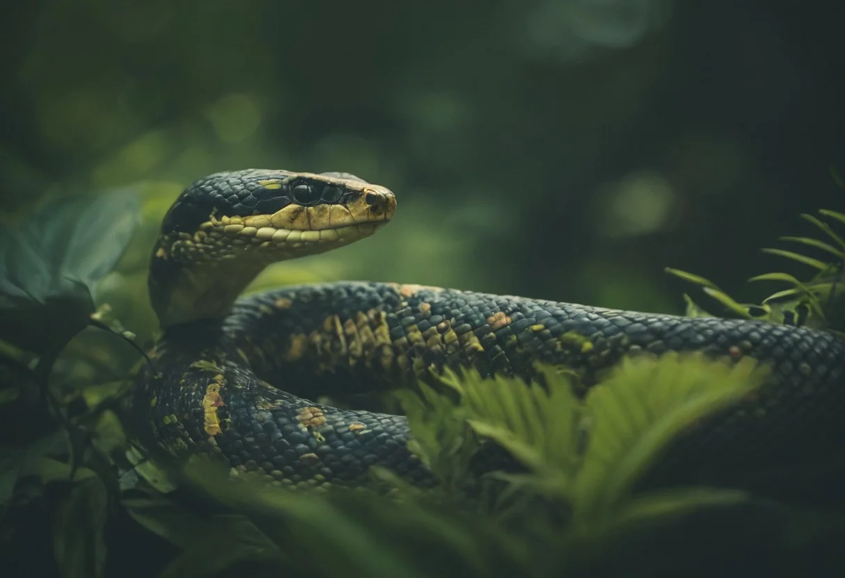 (masterpiece, creative art), a snake in the jungle, bokeh