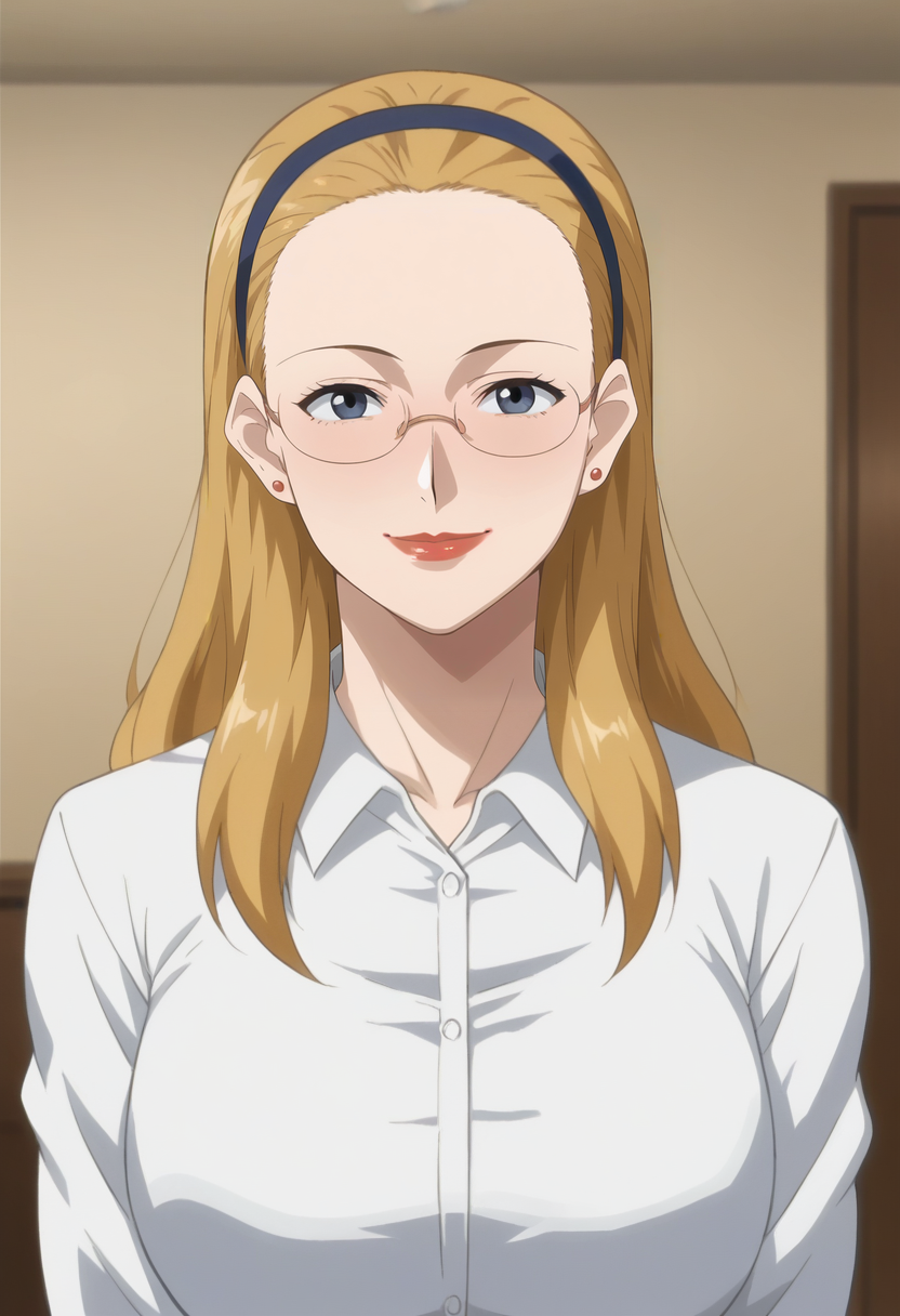 <lora:Misao_Mitsuka-Musuko_no_Tomodachi_ni_Okasarete:0.9>,Misao,mature female,1girl,solo,glasses,hairband,blonde hair,lipstick,long hair,earrings,breasts,shirt,upper body,looking at viewer,indoors,smile