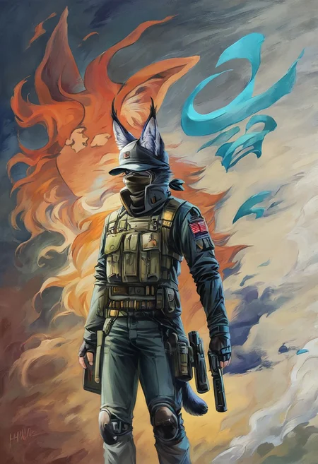 Score 9, Score_8_up, Score_7_up, ng_deepnegative_v1_75t, negative_hand, charturnerv2, knee-deep portrait of adult male,  banners, starship, high technology, shirt, fingerless gloves, soldier uniform,, , anime, Arknight provens, detailed background, cyberpunk, bandana, facemask, furry,  lynx species,  lynx tail, lynx ears